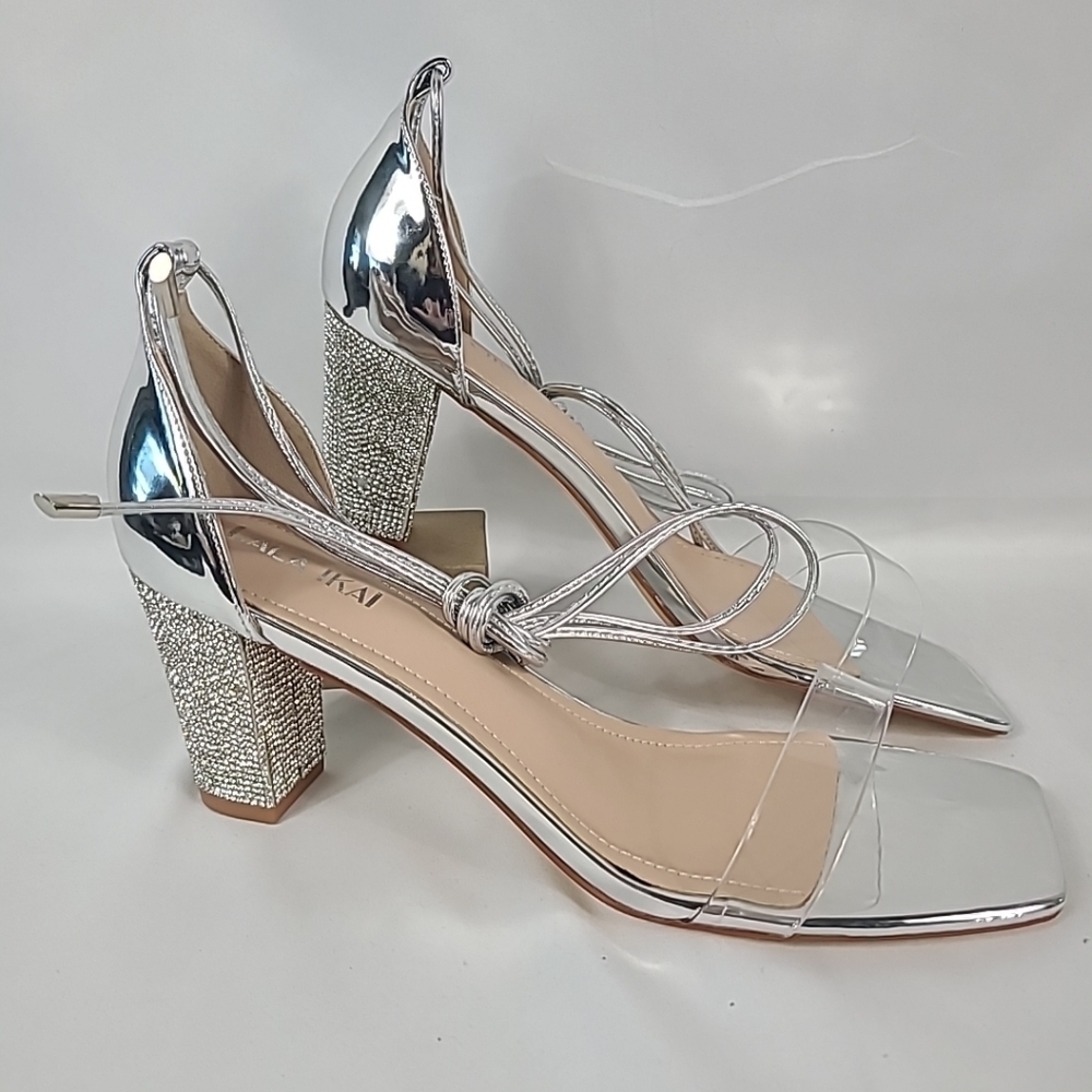 NEW Lala Ikai Rhinestone Ankel Strap Open Toe Silver High Heel Shoe Sz 10 NIB